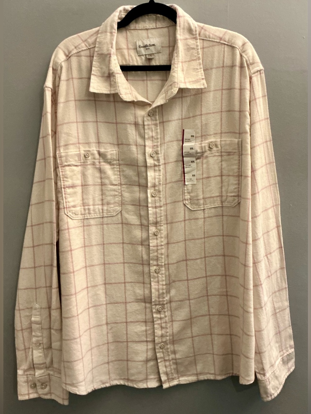 Goodfellow & Co NWT Men’s XXL Flannel Button Front Shirt Pink Windowpane Plaid